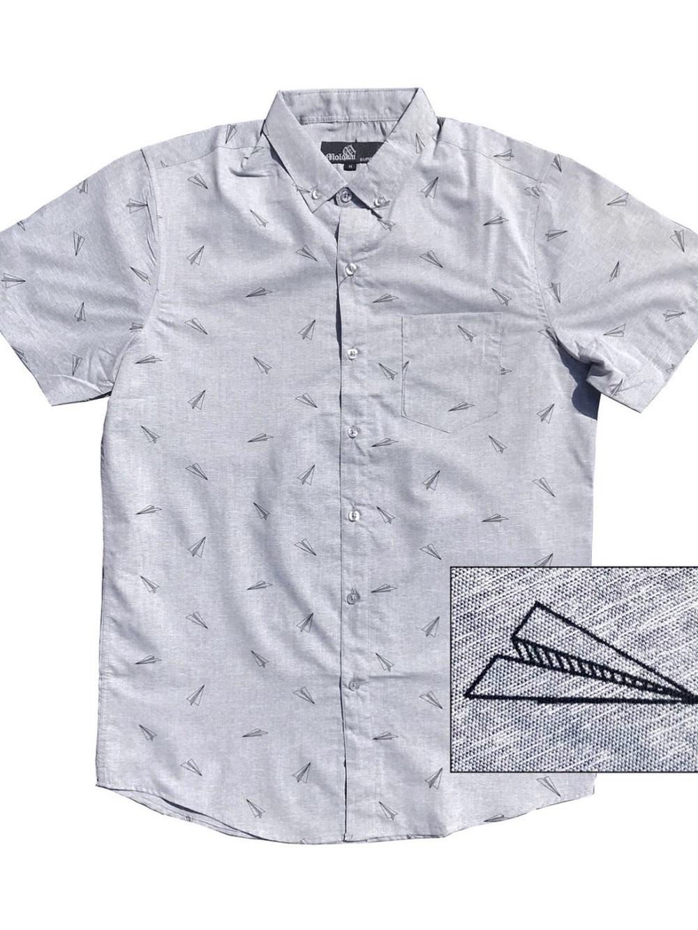 Molokai Surf Co. Paper Planes Short-Sleeve Button-Down Light Gray Heather XL